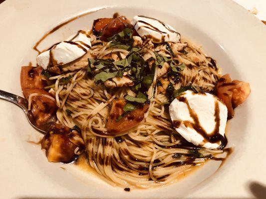 Pasta Caprese with grilled chicken was beautifully presented- the photo doesn't really do it Justice- and it was delicious.