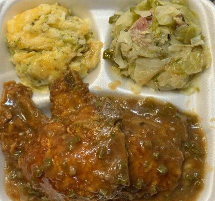 Smothered Pork Chops & 2 Sides (Broccoli & Cheese & Cabbage) Delicious & flavorful!