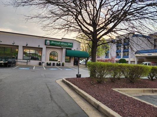 Left is Stained Glass Pub. Right is Best Western Plus Hotel.