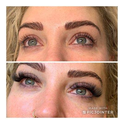 Before and after hybrid eyelash extensions.