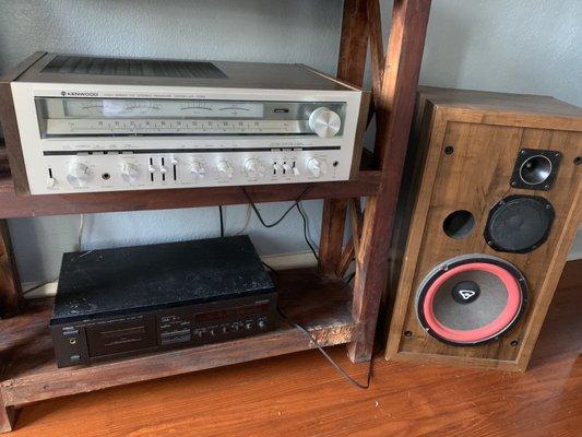 Yamaha tape deck, Kenwood amp, and Cerwin Vega speakers