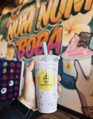 Blended Taro with lychee jelly and crystal boba