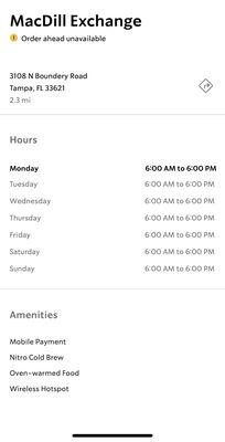 Hours per the Starbucks app