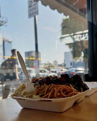 Big ol' box o' bbq and orange chicken, chow mein and fried rice ($11)