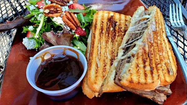 Roast Beef Panini sandwich with Strawberry Salad at MILL TOWNE GOURMET RESTAURANT in Griffin, GA.