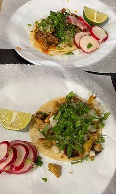 Top: birria street taco.  Bottom: chicken street taco