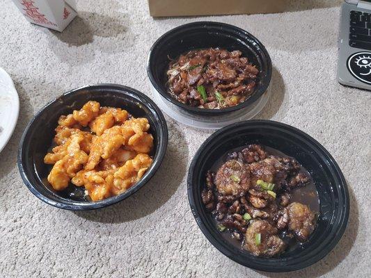 Orange Chicken, Mongolian Beef, Honey Walnut Shrimp on the bottom there.