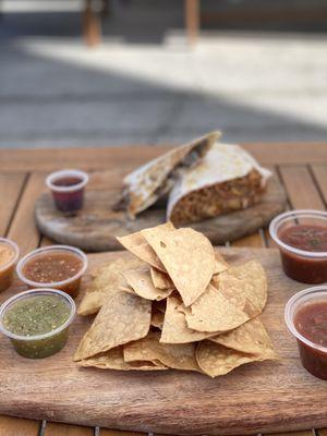 Chips and salsa board and BBQ Bacon Fried Rice Burrito