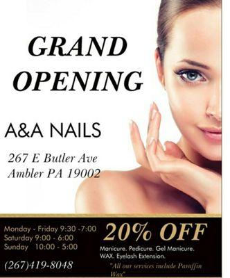 Come to A&A Nail Salons!! We currently have a 20% sale which applies until the end of March.