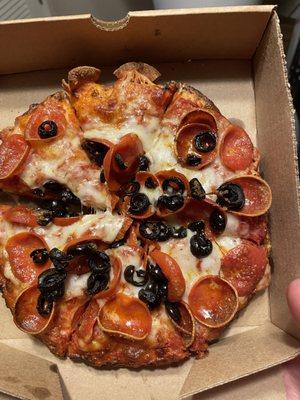 Half pepperoni and half black olive. Mini. Awesome!