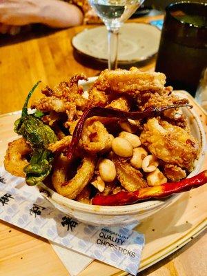 Calamari with shishito peppers and eggplant