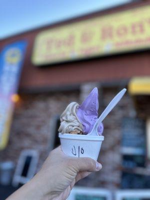 Ube and Oreo frozen yogurt $3.00 with one topping $0.75