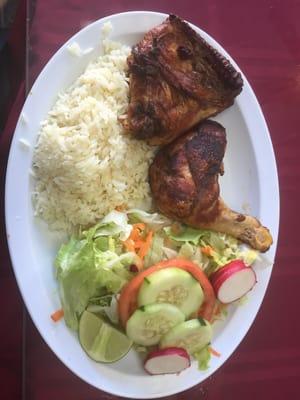 Simple chicken, rice and salad. The chicken is perfectly cooked!