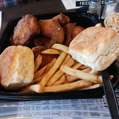 Fried chicken, fries, buscuits.