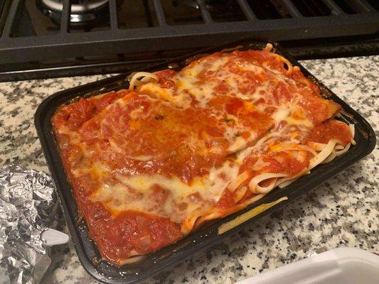 Chicken parmigiana with linguine