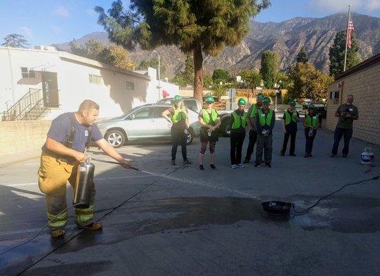 Sierra Madre Fire Department teaching proper use of portable fire extinguishers to the Community Emergency Response Team