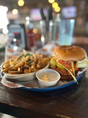 Fried Buffalo Chicken Sandwich with fries