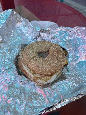 Sesame Seed bagel toasted with pork roll and egg