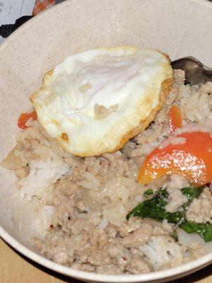 Spicy Basil Rice Bowl (this one is Mild). This is half, or one portion. Each box for take out has two portions in it.