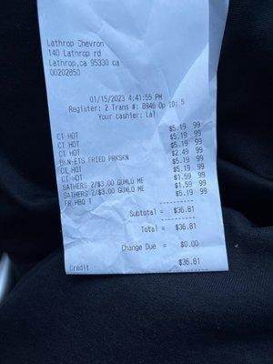 The receipt that I had received. It shows that he charged us for 5 normal Hot Cheetos...The Baked Hot Cheetos were $2.99