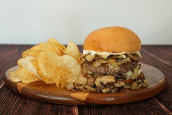 1/2 Pound Ribeye Burger, Grilled Onions, Sautéed Mushrooms, Swiss Cheese, Mayo on a Fresh Baked Bun.