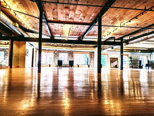 The upstairs ballroom is equally beautiful as the downstairs space. The studio is available to rent for private parties and weddings!