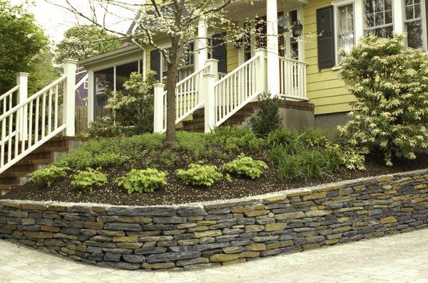 Stone retaining wall and paver driveway (Arlington, MA)