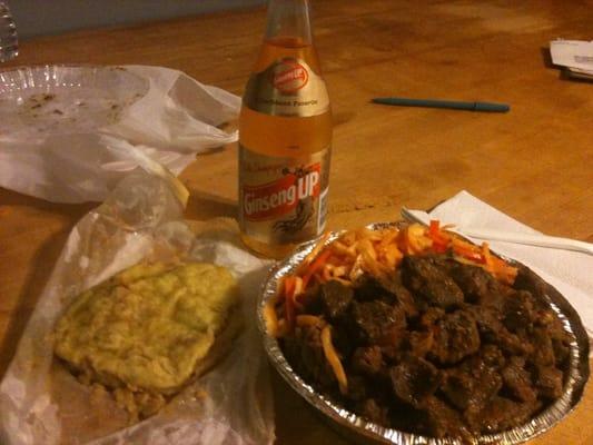 Curry goat platter, doubles & a ginseng up