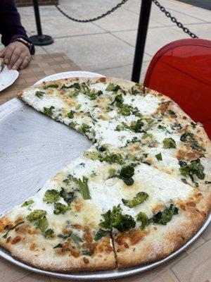 White Bianca Pizza Fresh Garlic, Mozzarella, Ricotta, Pecorino Romano, Cheddar, Cheese, & Olive Oil with Spinach and Broccoli