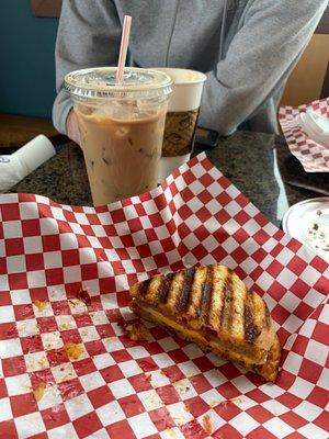 Sausage breakfast sandwich & an iced white mocha