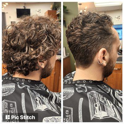 Used a 3.5 blade and tapered him. Scissor cut the curls for added texture