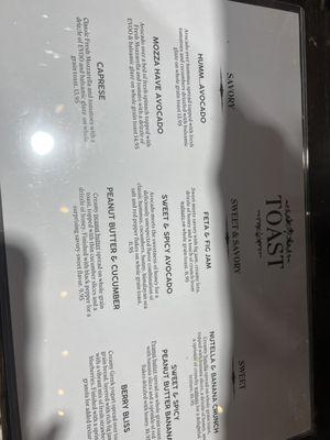 Avocado toast menu