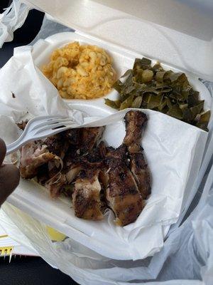 Grilled quarter legs with Mac and Cheese and Collard Greens.