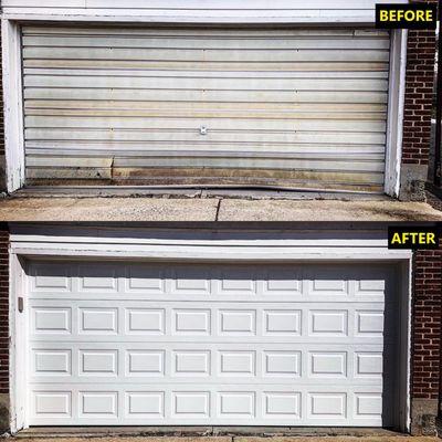 white residential overhead garage door before and after