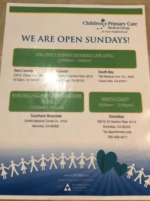 Sunday hours at their other locations