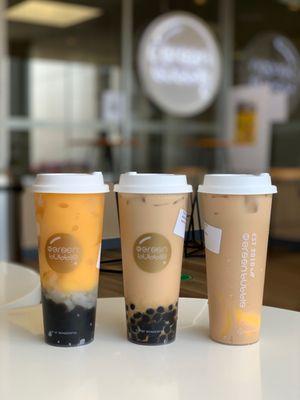 Mango peach slush with lychee jelly and boba. Almond milk teasing boba. Honey milk tea with pudding.