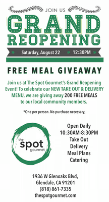 GRAND REOPENING! Saturday August 22, 2020 at 12:30PM! 200 FREE MEAL GIVEAWAY!