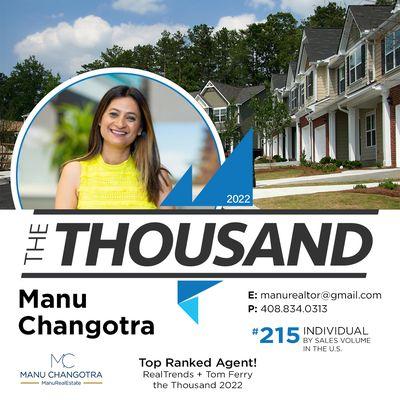 Manu Changotra is Ranked # 215 in the Nation. Only Indian origin Realtor ranked in USA TOP250