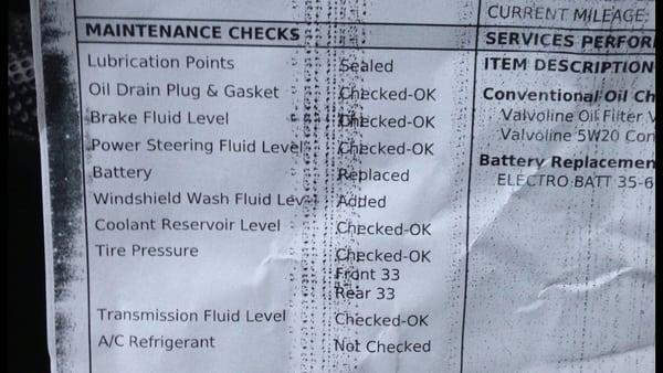 Receipt from the last another auto place who did systems checks in my car 3 DAYS AGO. CLEARLY SHOWING that my tires are fine