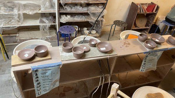 Pottery the 4 people at these stations made. Best result for me was the bowl all the way out to the far left