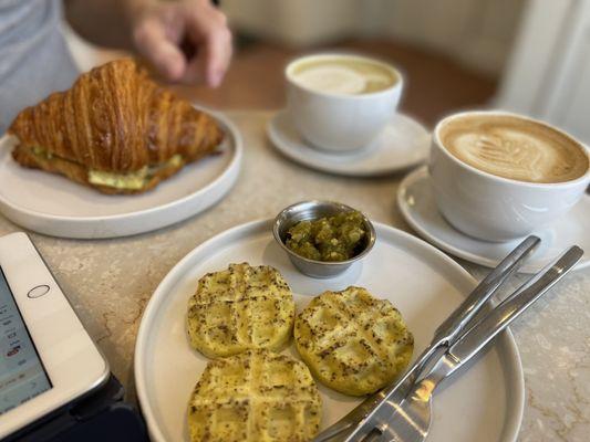 Egg bites, croissant breakfast and latte.