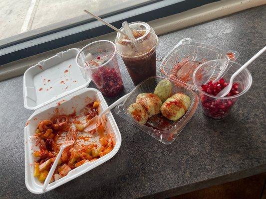 Tostilocos, Small Tamarindo Raspado, pomegranate preparada, and Prickly Pear. With CHAMOY and tajin. So good! Almost gone!