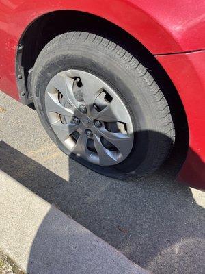 Second flat of my "new" tire on the front passenger side. This occurred only 5 minutes after driving away from the shop.