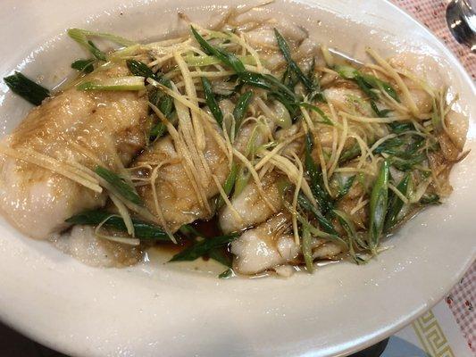 Flounder fillet in ginger soy sauce with scallions $15