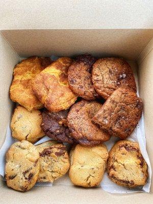 Chai Snickerdoodle, Salted Rye Whiskey Dark Chocolate, Milk Chocolate, Black & White, and Semi-sweet Chocolate Cookies