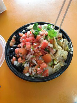 Healthy tofu bowl: brown rice, sauteeed tofu & veggies, black beans & fresh pico de Gallo salsa for $7.50  & I even got chips & salsa