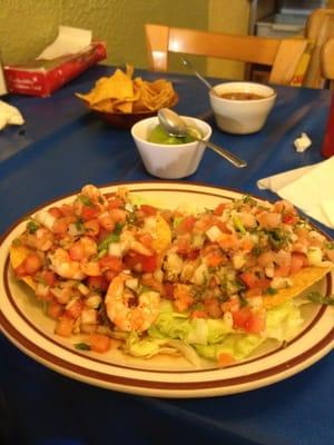 Ceviche de pescado and tostada de camaron rojo!