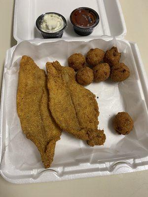 2 catfish fillets w hush puppies