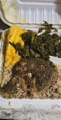 Jerk chicken and rice, mac n cheese and collard greens