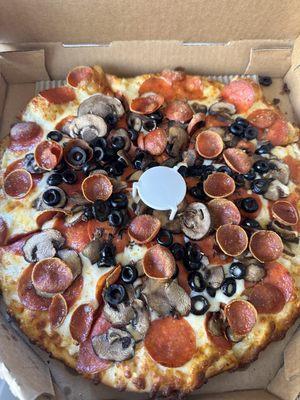 Double Pep, garlic sauce, extra cheese, mushrooms & olives